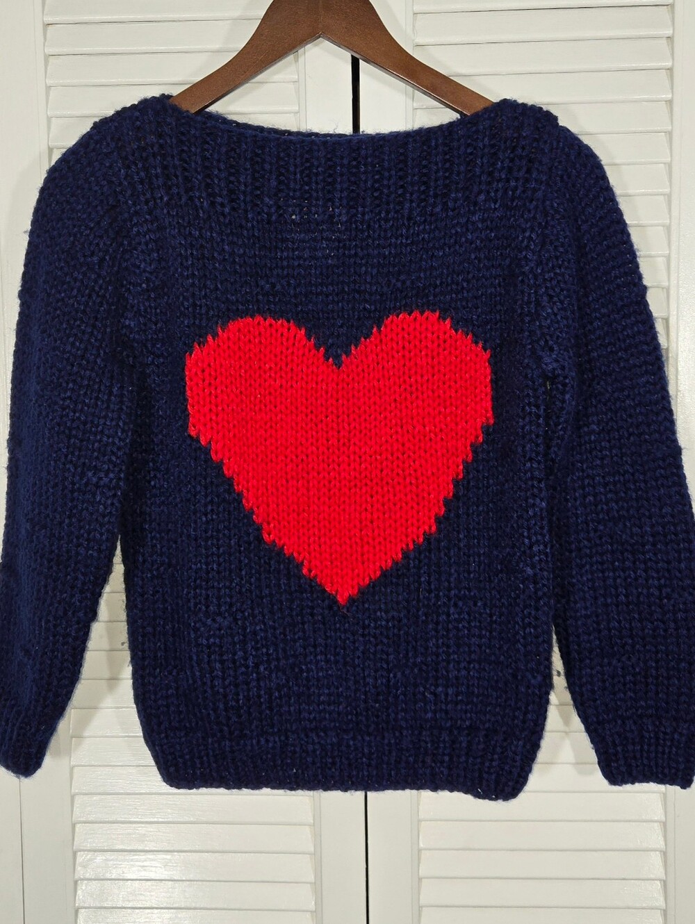 Currents Navy Blue Red Heart Chunky Knit Boatneck Long Sleeve Sweater Sz L